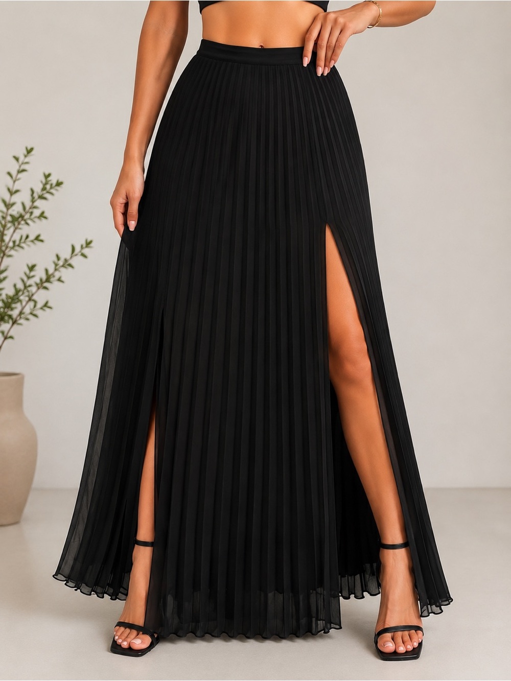 bebe Black Pleated Maxi Skirt with Side Slit